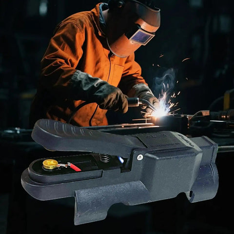TIG Welding Torch Trigger Switch With Quick Release Clip in use during welding, featuring anti slip fingertip control for precision.
