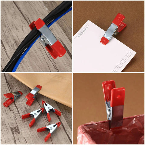 Heavy Duty 2 Inch Metal Spring Clamps Set, 20 Pieces, Rubber Tip Clips used in various applications shown on wood surface.