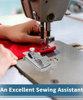 TIGARI magnetic seam guide for sewing machine, clip-on metal ruler, installed near the needle on red fabric.