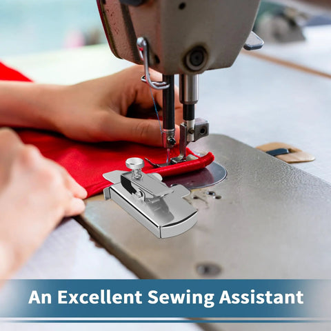 TIGARI magnetic seam guide for sewing machine, clip-on metal ruler, installed near the needle on red fabric.