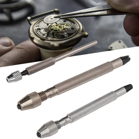 Slick 3-Pc Pin Vise Hand Drill Set for Watch Repair with metal needle clamps and rolling handles for precision work.