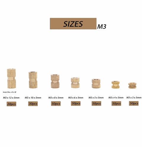 Assorted brass M3 knurled threaded inserts of various sizes for 3D printer and plastic projects, showing labels and quantities.