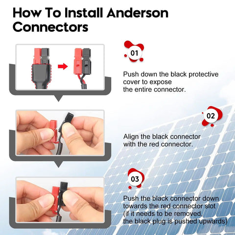 Installation guide for 10AWG Anderson Y Splitter Cable For Solar Panels showing connector alignment.