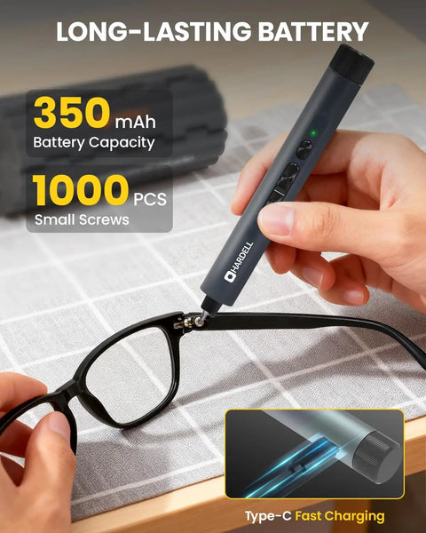 Slick Cordless Mini Electric Screwdriver Kit With 123 Precision Bits And Compact Roll Up Case For Phone Laptop Camera Watch Repair Jobs No Sweat Quick Fixes Straight Up Top Shelf Tech Gear in use on eyeglasses.