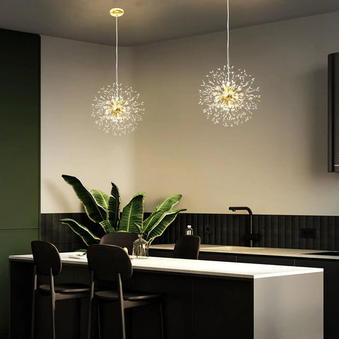Modern Dandelion Firework Crystal Chandelier Gold Pendant Lighting Fixture for dining room kitchen.