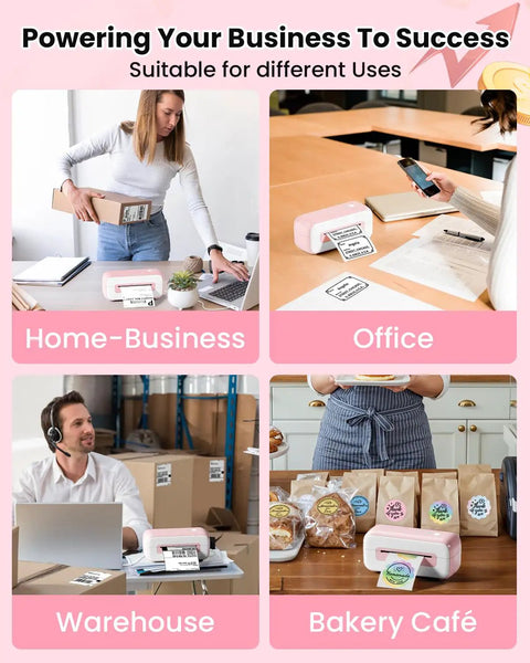 Pink Bluetooth Thermal Label Printer 4x6 For Small Business, Inkless Fast Printing For Amazon Shopify USPS FedEx in use in different settings