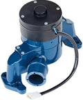No Stress High Flow Electric Water Pump For Small Block Chevy V8 Builds With Rad Blue Epoxy Finish showing side view with one inch NPT hooks.