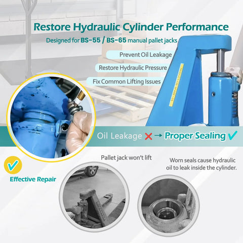 Super Seal Repair Kit For Bishamon BS-55 And BS-65 Manual Pallet Jack Hydraulic Unit Rebuild Seals, O Rings, Gaskets And Hardware Replacement Kit infographic showing repair benefits.