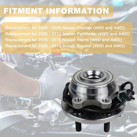 Pair Front Wheel Bearing And Hub Assemblies For 4WD And AWD Rigs Fits 2005-2025 Frontier 2005-2012 Pathfinder 2005-2015 Xterra 2009-2012 Equator 6 Lug ABS Sensor Ready Set Of 2 in front of engine parts.