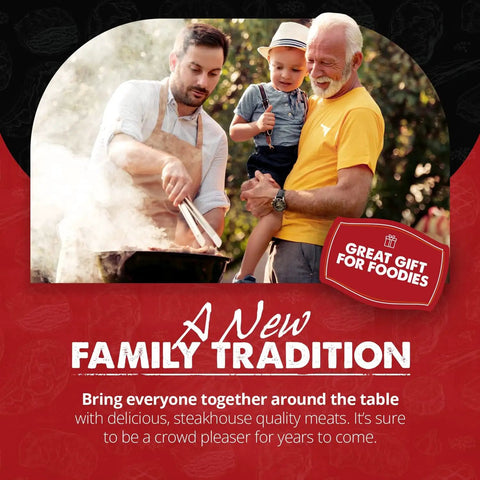 Three generations cooking meat outdoors, bonding over a barbecue, highlighting family traditions and grilling expertise.