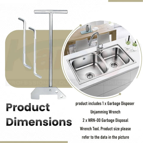 Universal Garbage Disposal Unjamming Wrench WRN00 for Waste King Moen and SinkErator Disposals shown with kitchen sink