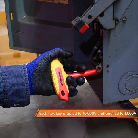 Using Six Piece Insulated Metric T-Handle Hex Key Set For Electrical Work, 10,000V AC Tested, on electrical panel.
