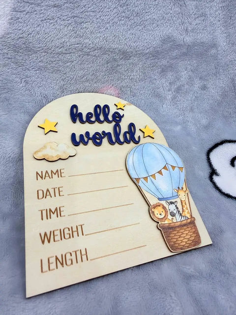 Hot Air Balloon Arch Birth Announcement Sign With 3D Hello World Text And Safari Animal Passengers Baby Name Plaque