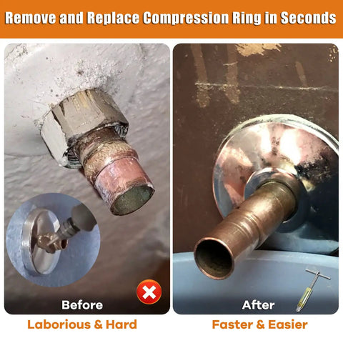 Go-To Sleeve Puller Tool For 1/2 Inch Compression Fittings before and after application on corroded supply stop