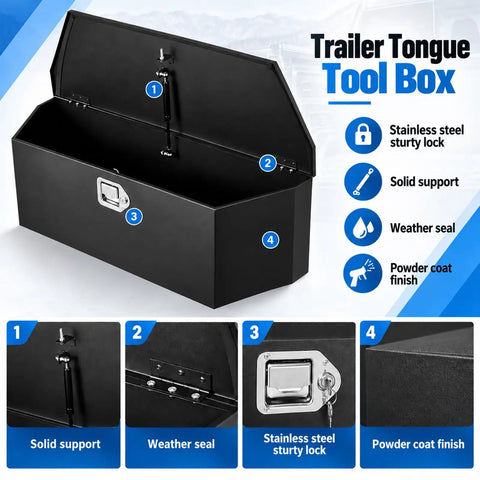 Beefy Heavy Duty Steel Trailer Tongue Box For Pickup And RV Featuring Cold Rolled A Frame Storage Setup That Locks In Rig Gear and shows interior latch.
