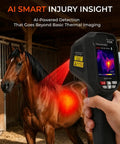 Equine Infrared Thermal Imaging Camera For Horses, Handheld Health Monitor With 240x240 Resolution, Detect Inflammation And Hidden Heat Early, Injury Prevention, Compare Left And Right Sides For Quick Diagnostics. Handheld horse thermal camera scanning a horse in a barn.