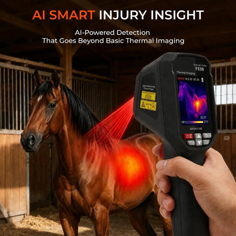 Equine Infrared Thermal Imaging Camera For Horses, Handheld Health Monitor With 240x240 Resolution, Detect Inflammation And Hidden Heat Early, Injury Prevention, Compare Left And Right Sides For Quick Diagnostics. Handheld horse thermal camera scanning a horse in a barn.