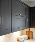 10 Pack Five Inch Hole Centers Brushed Nickel Cabinet Pulls Stainless Steel Square Kitchen Drawer Pulls installed on black cabinets