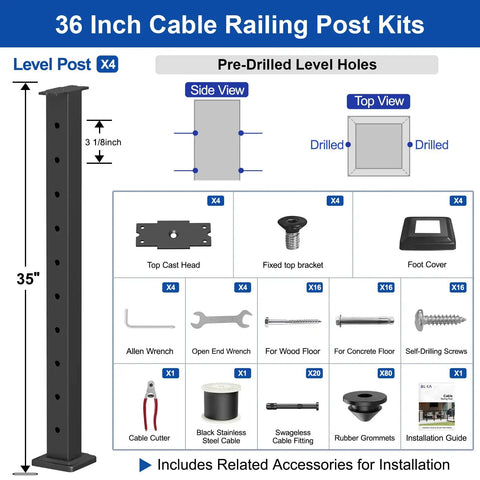 DIY Cable Railing Kit For Decks And Stairs, Black Level Drilled Posts, Swageless System With 4 Post Set, 36 Inch Railing Posts, One Eighth Inch Stainless Steel Cable, 300 Feet Total, No Handrail
