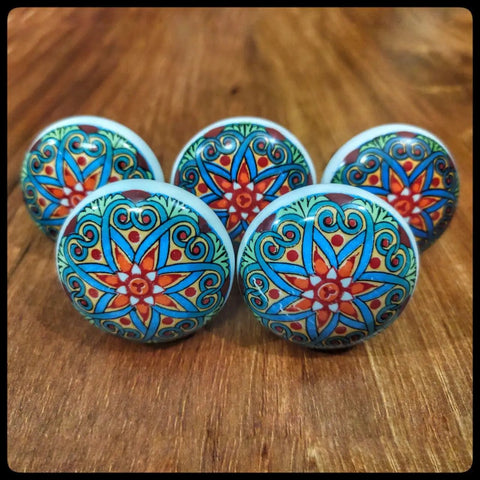 Flat Out Gorgeous Hand Painted Ceramic Drawer Knobs And Snazzy Floral Cabinet Pulls With Vibrant Blue Red Green Designs For Kitchen Bathroom Furniture Upgrades Set Of Six, close-up view showing colorful floral design.