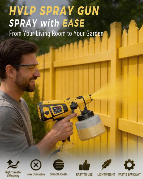 Heavy Duty Electric Paint Sprayer Built For Swift Home Exterior Touch Ups And Deck Refinishing With Generous Tank And Crisp Even Spray Coverage in use on a yellow fence.