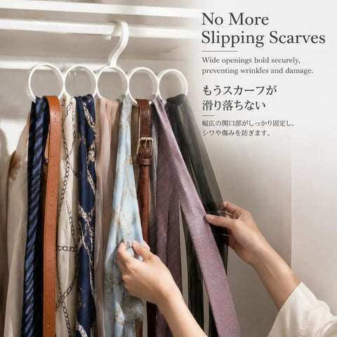 Slick Closet Organizer And Scarf Hanger That Crushes Your Morning Clutter With Wide Loops For Quick Belt Tie And Hijab Storage, displaying scarves and ties.