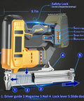 Heavy Duty 18 Gauge Cordless Brad Nailer And Electric Staple Gun shows safety lock, battery level display, and driver guide.