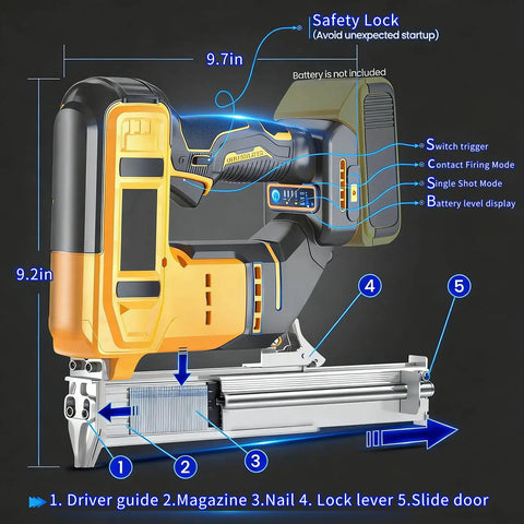 Heavy Duty 18 Gauge Cordless Brad Nailer And Electric Staple Gun shows safety lock, battery level display, and driver guide.