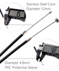 Close-up view of 48 Inch Universal Throttle Cable Kit showing PVC sleeve and stainless steel core with caliper measurements.
