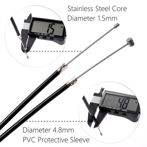 Close-up view of 48 Inch Universal Throttle Cable Kit showing PVC sleeve and stainless steel core with caliper measurements.