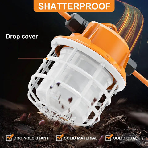 Close-up of a shatterproof bulb with protective cage from Industrial Grade 50Ft LED Construction String Lights Linkable IP65 Outdoor Work Lighting 5000K Daylight Bright 7500 Lumens Total For Job Sites Renovation And Temporary Construction Five Bulbs With Hook.