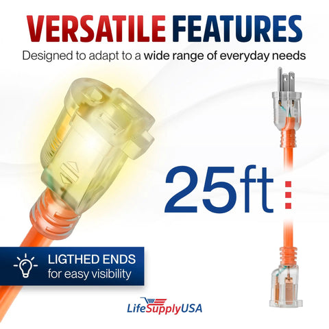 25 Foot Outdoor Indoor Extension Cord 12 3 Gauge Extra Heavy Duty 3 Prong SJTW with lighted ends for visibility