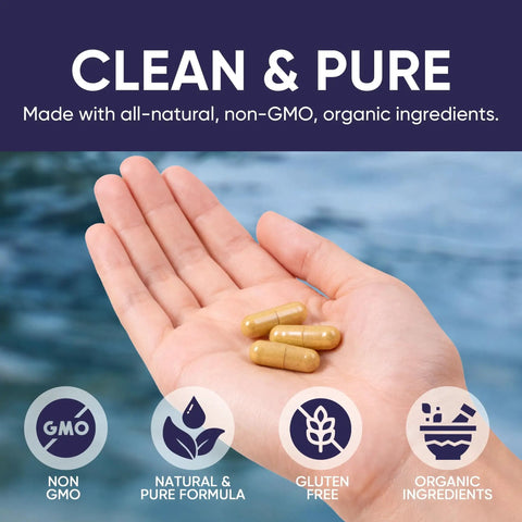 Hand holding 10mg Lithium Orotate Anxiety and Mood Support Capsules, non-GMO, gluten-free formula