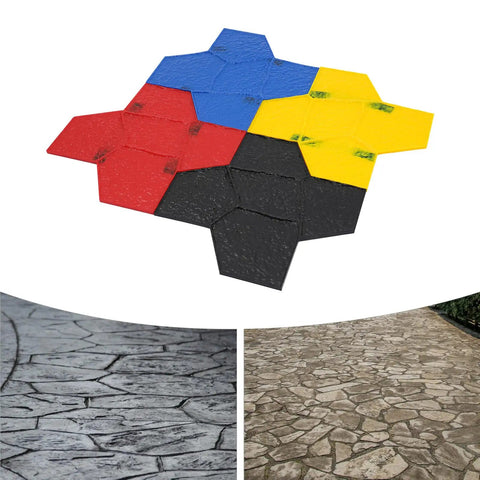Set Of Four Concrete Stamp Mats 23.23x23.23x0.55in Lightweight PU Texturing Skins in various colors shown with textured surfaces.