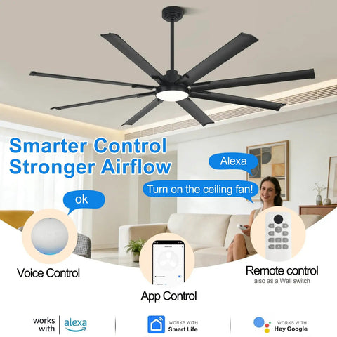 Beefy 72 Inch Ceiling Fan With Light, Industrial Style With 8 Aluminum Blades, Smart Control via Alexa in living room