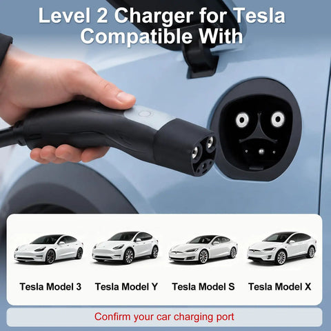 Portable Level 2 Electric Vehicle Charger 32 Amp 240 Volt Nema 14 50 Plug With 25 Ft Cable For Tesla Model 3 Y S X Cybertruck Charging port connection