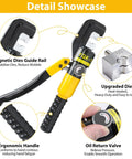 Heavy Duty Hydraulic Crimping Tool And Cutter Set Including Nine Swappable Dies, ergonomic handle and oil return valve detail.