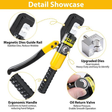 Heavy Duty Hydraulic Crimping Tool And Cutter Set Including Nine Swappable Dies, ergonomic handle and oil return valve detail.