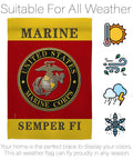Semper Fi Two Sided Garden Flag For Lawn And House Decor 13 By 18.5 Inches Weatherproof Polyester Banner For Marine Corps Veterans Made In USA Two Sided Print Fade Resistant showing Marine emblem with all-weather icons.