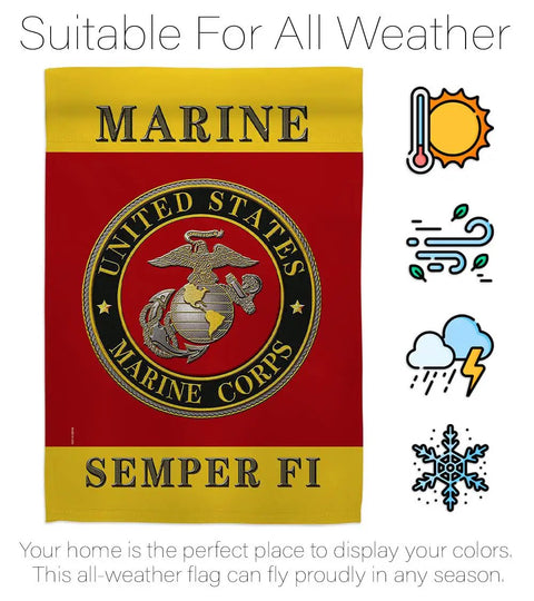 Semper Fi Two Sided Garden Flag For Lawn And House Decor 13 By 18.5 Inches Weatherproof Polyester Banner For Marine Corps Veterans Made In USA Two Sided Print Fade Resistant showing Marine emblem with all-weather icons.