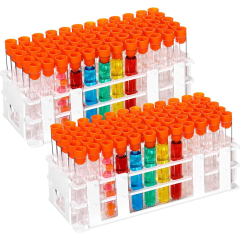 120 Pcs Plastic Test Tubes With Rack 16 By 100Mm Tubes With Caps in 60 Hole Racks for Scientific Experiments and Party Decorations