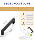 Size guide for 12 Pack 4 Inch Square Cabinet Handles Matte Black Pulls For Kitchen Cupboards And Drawers showing installation tips.