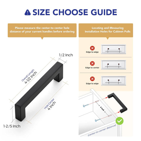 Size guide for 25 Pack 4 Inch Square Cabinet Handles Matte Black Drawer Pulls with measurement instructions.