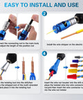 Step-by-step guide showing Heavy Hitting Drill Mounted Wire Stripper And Twister Kit for solid 6 through 14 AWG cables installation.