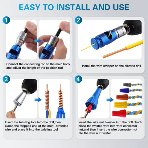 Step-by-step guide showing Heavy Hitting Drill Mounted Wire Stripper And Twister Kit for solid 6 through 14 AWG cables installation.