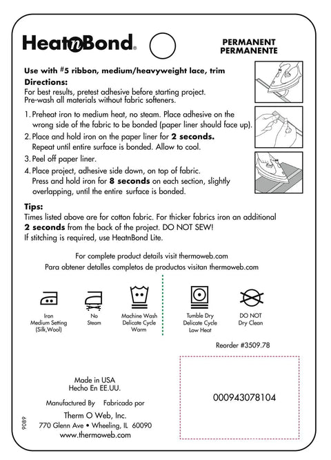 Instructions for Iron-On Adhesive For Fabrics, Seven Eighths Inch By 10 Yards, Permanent Double-Sided Bond, Heat Activated