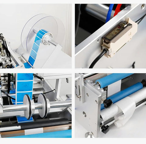 Heavy Duty Automatic Round Bottle Label Applicator Smoothly Handles Double Sided Tagging For Bottles And Jars 10 To 150 Mm showing labeling components and setup details.