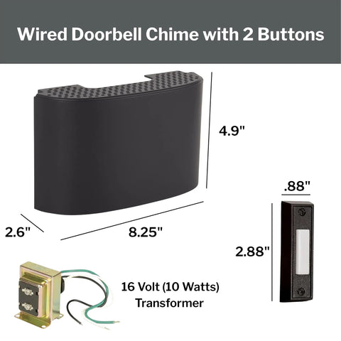 Wired Doorbell Kit With Flat Black Lighted Push Button And 16V Transformer, Modern Surface Mount Chime For Single Or Two-Door Homes
