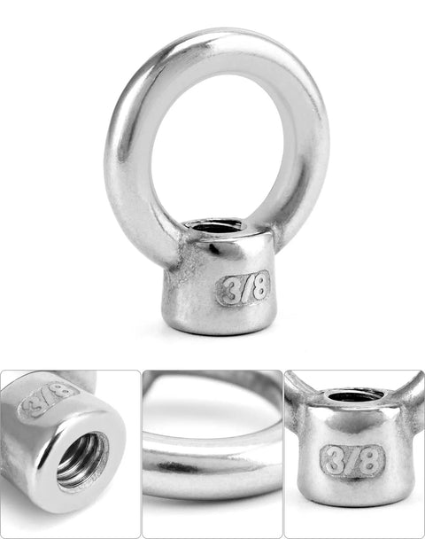 Close-up of 10 Pack Lifting Eye Nut Set 3/8 UNC Coarse Thread Marine Grade Stainless Steel 316 For Corrosion Resistant Lifting