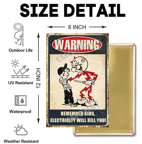 Warning Sign Remember Kids Electricity Can Kill You Metal Tin Sign Vintage Retro Caution Safety Wall Decor 8x12 Inch